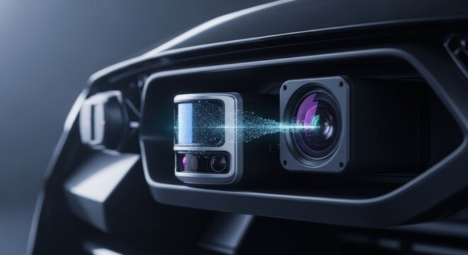 Futuristic autonomous vehicle sensor array integrated into a sleek matte black bumper.