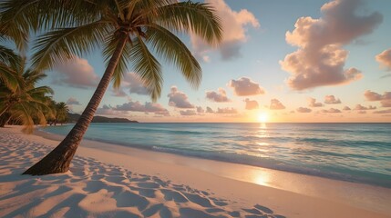 Palm tree on white sand beach at golden sunset