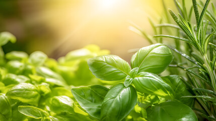 Obraz premium Fresh Herbs Garden Scene: Capturing the vibrant beauty of a lush herb garden, showcasing fragrant basil leaves and other herbs in bright sunlight.