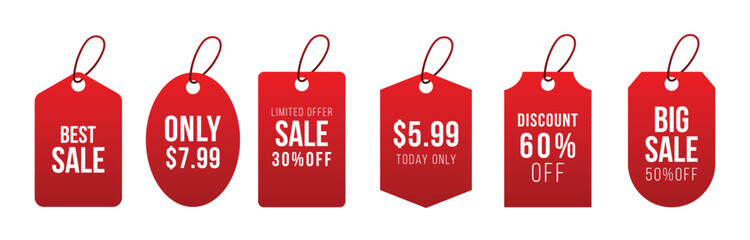 Red paper price tag design. Sales label template. Vector illustration