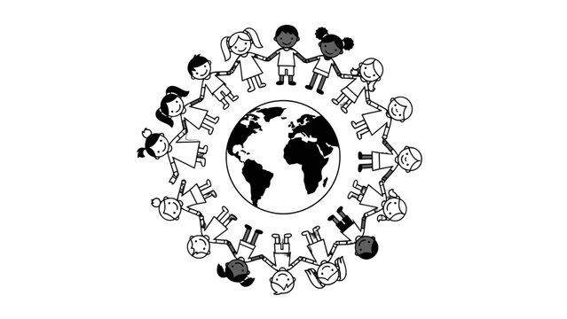 Black and white silhouette of diverse children holding hands around the globe, symbolizing global unity, peace, and cultural diversity on an isolated white background
