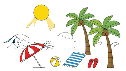 Tropical Paradise Illustration: A vibrant illustration depicts a serene beach scene, featuring palm tree, sun, ocean wave and relaxing accessories that captures the essence of a perfect summer day.