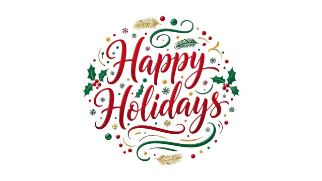 Naklejki Festive Holiday Greeting: A vibrant and elegant circular design proclaims Happy Holidays, filled with colorful decorations, evoking a spirit of joy and celebration.