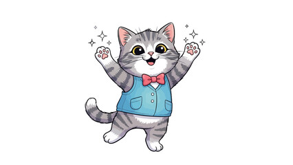 Charming Cat's Joyful Celebration: A delighted, well-dressed cat raises paws with sparkles, showcasing an undeniable expression of happiness.