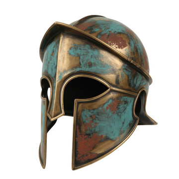 Ancient Greek bronze Corinthian helmet with patina isolated on a transparent background