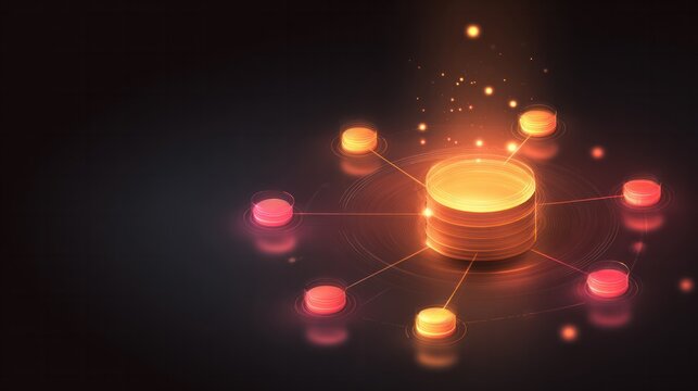 Central glowing data hub connected to multiple nodes with orange and red neon light on dark background representing data network and cloud system