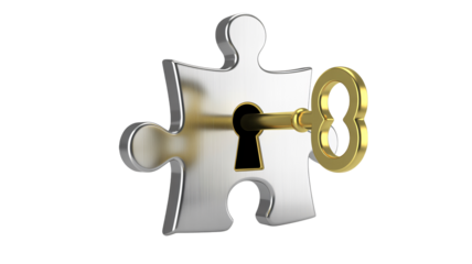 Golden key inserted into a silver puzzle piece keyhole representing the solution to a complex problem