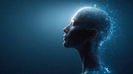 Digital human head dissolving into particles with glowing blue light on dark background representing artificial intelligence and consciousness