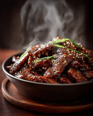 korean spicy glazed beef bowl, steaming korean beef stir fry, dark moody asian comfort food
