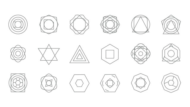 Collection of eighteen minimalist geometric sacred geometry symbols and abstract line art icons for design projects