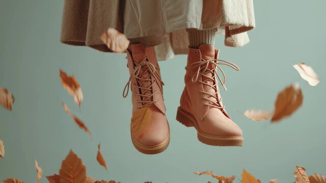 warm pastel boots levitating in empty space with falling leaves, surreal cozy autumn style 