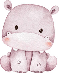 Watercolor Cute Baby Hippo