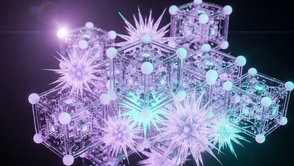 Abstract 3d crystal lattice structure with glowing nodes and lens flare