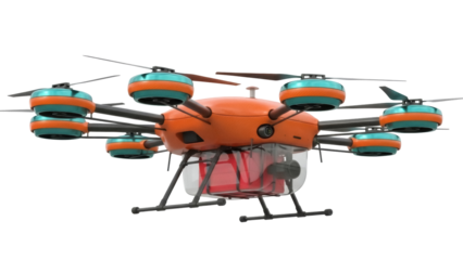 Isolated unmanned aerial vehicle on a clear backdrop, eight-rotor drone design with rotors