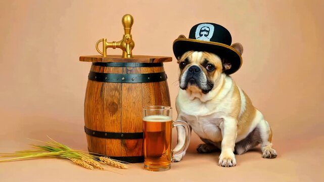 Adorable french bulldog wearing a black top hat sits next to a wooden beer keg and a full glass of amber ale ready for celebration