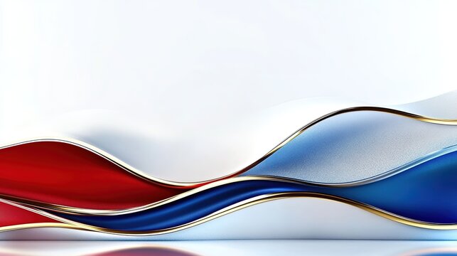 Modern 3D background with red blue white gradient waves, gold borders and elegant composition on light backdrop