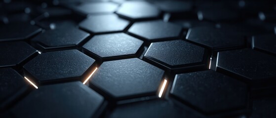 Obraz premium Dark futuristic hexagon surface with glowing seams and textured black tiles representing digital structure and modern technology design