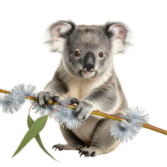 Baby koala holding eucalyptus branch with silver tinsel