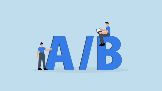 AB testing, 4k animation of Entrepreneur coder and users positioned on letters A and B for evaluation.
