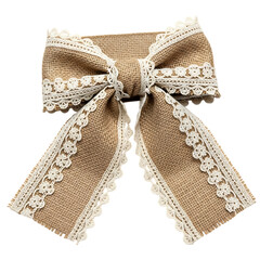 Burlap bow with white lace trim on black background