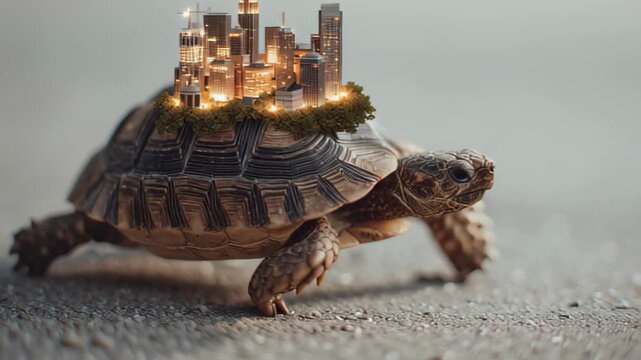 turtle carrying plastic bottle on shell, surreal environmental awareness image