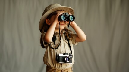 A young child wearing a safari outfit uses binoculars and holds a camera, exploring and observing the world with curiosity.