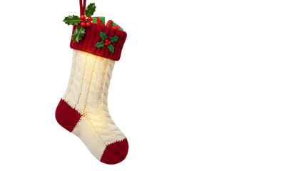 Cream and red knitted Christmas stocking with holly