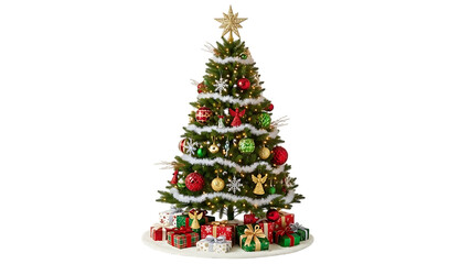 Decorated Christmas tree with presents on black background