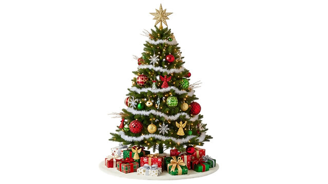 Decorated Christmas tree with presents on black background