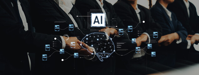 A group of business professionals participate in a discussion on artificial intelligence, showcasing engagement with innovative technology and data analytics visualizations. Trope