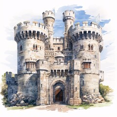 Majestic medieval castle stands tall against a backdrop of gentle blue sky and wispy white clouds