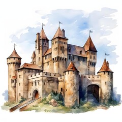 Fototapeta premium Majestic castle with towers and flags stands against a blue sky