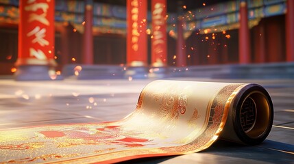 Chinese scroll close-up on ground, golden and red patterns with ancient architecture background, HD panoramic view and 3D festive atmosphere