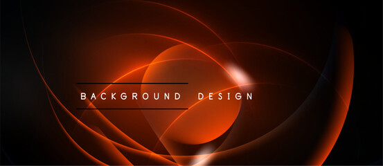 Abstract design features swirling orange lines against dark backdrop. Text reads background design. Modern, dynamic visual presentation.