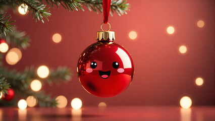 a cute red christmas bauble with a happy smiling face hanging on a pine tree branch, festive holiday background with bokeh lights.