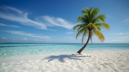 Peaceful tropical beach with palm tree and calm turquoise sea