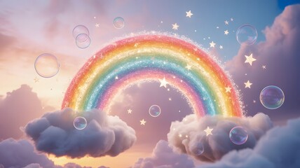 Colorful rainbow with clouds and stars in dreamy sky scenery illustration