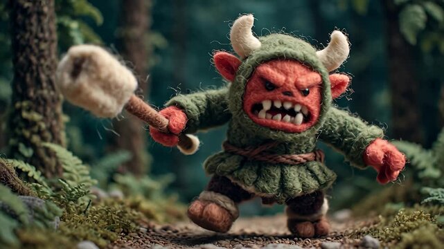 Fierce Claymation Goblin Warrior with Mallet in Enchanted Forest.