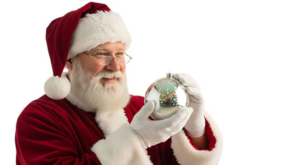 Santa Claus holding a reflective Christmas ornament