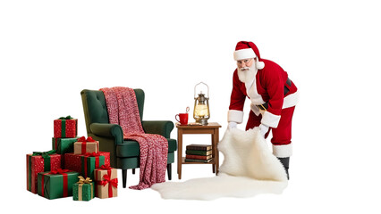 Santa Claus placing white rug near green armchair and gifts