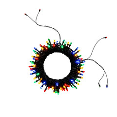 String of colorful L E D lights on black background