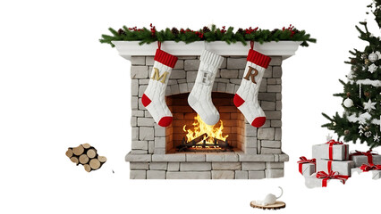 Stone fireplace with stockings and Christmas tree gifts