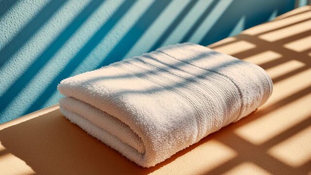 towel neatly folded on sunbed casting sharp shadow, minimal graphic luxury scene
