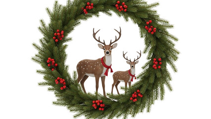 Two reindeer wearing red scarves inside a green fir wreath with red berries