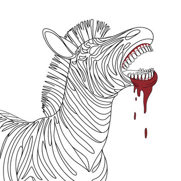 Line Art Zebra Head Open Mouth Bleeding Red Blood Drops White Background