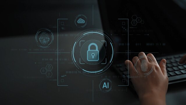 Cybersecurity system interface with biometric lock and data protection. Cybersecurity protects access, identity, cyber security prevents threats, and cyber security supports digital systems. Marrow - Powered by Adobe