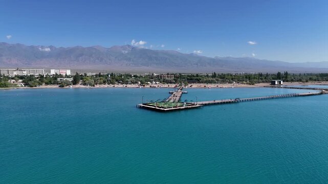 Aerial View of Pier on Public Beach at Issyk-Kul Lake