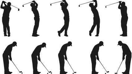 Golfer in various swings and putting on green course