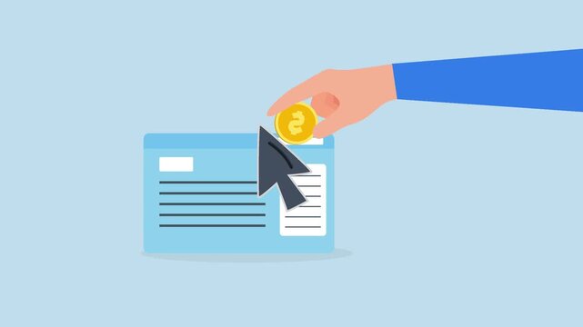 Paid media, 4k animation of entrepreneur advertiser insert cash token into cursor to select to webpage.
