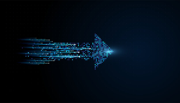 The Abstract Digital Arrows Move forward, A pixelated arrow emerges from cascading data, evoking analytics powering smarter investment decisions.